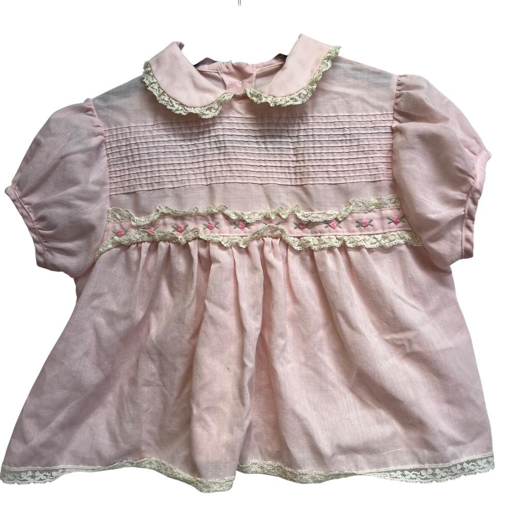 Vintage 70s Her Majesty Pink Smocked‎ Lace Dress T-3 Toddler READ measurements
